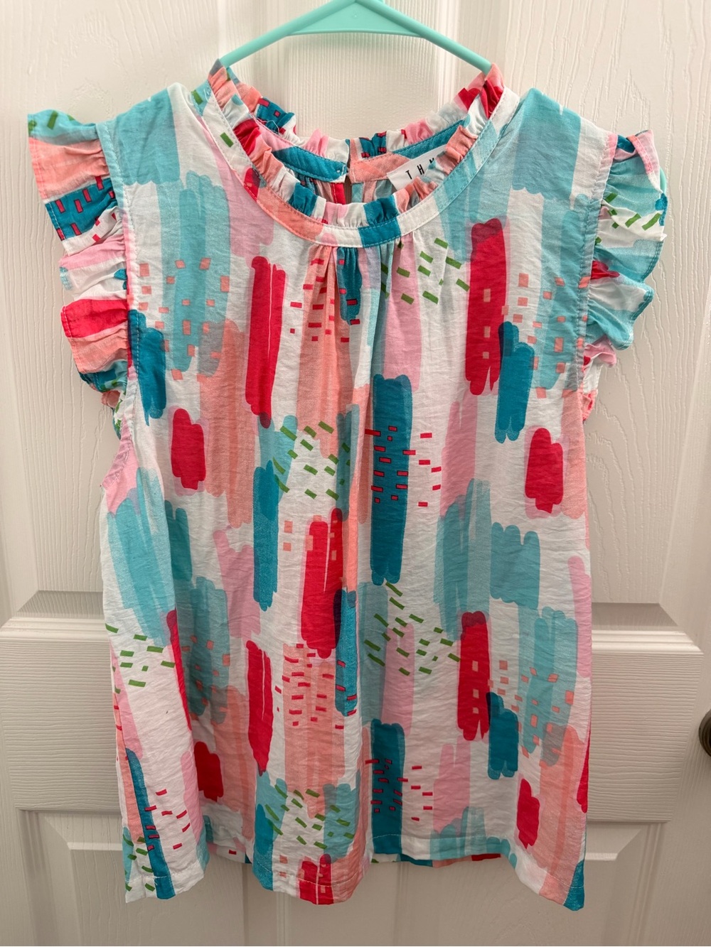 THML Coral Pink and Aqua Brushstroke Ruffle Blouse ~ Large